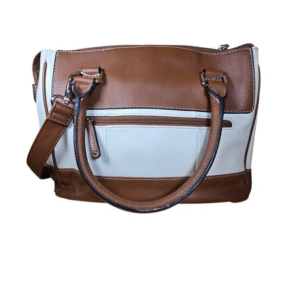 Tignanello Brown Cream Vintage Top Handle Shoulder Strap Bag Purse Multi Pocket - Picture 2 of 8